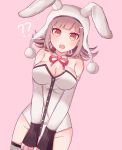  1girl :o ?? alternate_costume animal_ears animal_hat bangs bare_shoulders black_gloves breasts bunny_hat commentary_request cowboy_shot dangan_ronpa detached_sleeves fingerless_gloves fishnet_legwear fishnets gloves hair_ornament hairclip hat large_breasts light_brown_hair long_sleeves looking_at_viewer mole mole_on_breast nanami_chiaki p0pomeco pink_background pink_eyes pink_neckwear pink_ribbon rabbit_ears ribbon shirt simple_background solo standing super_dangan_ronpa_2 upper_teeth white_shirt white_sleeves 