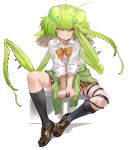  &gt;_&lt; 1girl absurdres antennae arms_between_legs black_legwear blush borrowed_character bow bowtie brown_footwear brown_skirt closed_eyes clothes_around_waist collared_shirt commentary dress_shirt green_hair green_sweater highres insect_girl insect_wings kneehighs loose_bowtie mantis mantis_akiyama medium_hair nurumi orange_neckwear original parasite plaid plaid_skirt pleated_skirt school_uniform shirt shoes sitting skirt sleeves_folded_up smile solo sweater sweater_around_waist white_background white_shirt wing_collar wings worms 