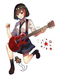  1girl bang_dream! bangs black_hair black_legwear boots brown_footwear electric_guitar eyebrows_visible_through_hair guitar instrument mitake_ran multicolored_hair necktie nyacha_(tya_n_ya) one_knee open_mouth pleated_skirt plectrum red_eyes redhead school_uniform shirt short_hair simple_background skirt socks solo star streaked_hair striped striped_neckwear white_background white_shirt 