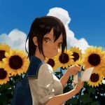  1girl arms_up bag black_hair blue_sailor_collar blue_sky book bookmark breasts carrying clouds day field flower flower_field from_side hair_between_eyes head_tilt highres holding holding_book looking_at_viewer lp lp_(pp91752) medium_breasts open_book original outdoors ponytail sailor_collar school_bag school_uniform serafuku shirt short_hair shoulder_carry sky sleeves_rolled_up smile solo standing summer sunflower upper_body white_shirt yellow_eyes 