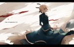  1girl artist_name artoria_pendragon_(all) blonde_hair character_name cjmy fate/grand_order fate_(series) from_behind green_eyes hair_ribbon highres juliet_sleeves letterboxed long_sleeves looking_back puffy_sleeves ribbon saber solo 