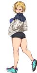  1girl ass back blonde_hair blue_eyes blush breasts ear_piercing eyebrows_visible_through_hair hands_in_pockets highres jacket large_breasts legs looking_at_viewer looking_back mole mole_under_eye original piercing shoes short_hair shorts smile sneakers solo standing thick_thighs thighs urec 