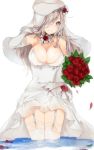  1girl bangs beret blush bouquet braid breasts choker cleavage commentary_request double-breasted dress eyebrows_visible_through_hair flower g36c_(girls_frontline) girls_frontline hair_ornament hair_over_one_eye hat highres holding large_breasts long_hair looking_at_viewer peanutc red_eyes rose side_braid silver_hair smile solo thigh-highs very_long_hair wedding_dress white_background white_legwear white_neckwear white_sleeves 