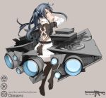  1girl artist_name ass back blue_hair character_name chimaera_(star_wars) full_body green_eyes grey_background gun highres long_hair mecha_musume no_shoes open_mouth personification rifle solo star_wars thigh-highs twintails vectorek weapon 