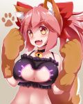  1girl alternate_costume animal_ear_fluff animal_ears bell bell_choker bell_collar black_bra blush bra breasts cat_cutout cat_lingerie cat_paws choker cleavage cleavage_cutout collar collarbone fangs fate/grand_order fate_(series) fox_ears fox_girl fox_tail frilled_bra frills gloves hair_ribbon jingle_bell large_breasts long_hair meme_attire navel open_mouth paw_gloves paws pink_hair ponytail red_ribbon ribbon sivamaron solo tail tamamo_(fate)_(all) tamamo_cat_(fate) underwear underwear_only yellow_eyes 