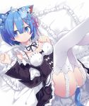  1girl animal_ears ass bangs bed_sheet black_bow black_dress blue_eyes blue_hair blush bow breasts cat_ears cat_girl cat_tail closed_mouth commentary_request detached_sleeves dress eyebrows_visible_through_hair frilled_dress frilled_pillow frills hair_between_eyes hair_ornament hair_ribbon hands_up juliet_sleeves kuhotaka legs_up long_sleeves looking_at_viewer lying on_back panties pillow pink_ribbon puffy_sleeves re:zero_kara_hajimeru_isekai_seikatsu rem_(re:zero) ribbon short_hair small_breasts solo tail thigh-highs underwear white_legwear white_panties wide_sleeves x_hair_ornament 