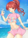  1girl ;d beach blue_sky blurry blurry_background blush bracelet clouds cowboy_shot crop_top eyebrows_visible_through_hair hair_between_eyes hair_ornament high_ponytail hinakurukuru idolmaster idolmaster_cinderella_girls idolmaster_cinderella_girls_starlight_stage jewelry long_hair looking_at_viewer midriff miniskirt navel ocean one_eye_closed open_mouth pink_shirt pink_skirt print_shirt red_eyes redhead shiina_noriko shirt skirt sky smile solo standing star star_print stomach 