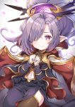  cape commentary_request dress granblue_fantasy hair_ornament hair_over_one_eye harvin highres long_hair looking_at_viewer navel nio_(granblue_fantasy) petals pilokey purple_hair simple_background smile thigh-highs violet_eyes white_background 