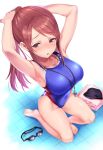  1girl armpits arms_up barefoot blue_swimsuit blurry blush breasts brown_hair competition_swimsuit covered_navel depth_of_field eyebrows_visible_through_hair foreshortening from_above highres idolmaster idolmaster_cinderella_girls kneeling large_breasts long_hair mifune_miyu natsu_(nattiyann) one-piece_swimsuit parted_lips ponytail sidelocks solo sweatdrop swimsuit tile_floor tiles tying_hair violet_eyes whistle whistle_around_neck 