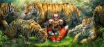  1boy android animal blonde_hair capcom commentary_request grass green_eyes helmet highres jungle kiwakiwa light_rays long_hair male_focus nature outdoors rockman rockman_x sitting sitting_on_ground smile sunlight tiger zero_(rockman) 
