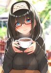  1girl absurdres black-framed_eyewear black_hair black_sweater blue_eyes blush breasts closed_mouth coffee cup go-1 hair_between_eyes hairband highres holding holding_cup idolmaster idolmaster_cinderella_girls large_breasts long_hair long_sleeves looking_at_viewer ribbed_sweater sagisawa_fumika semi-rimless_eyewear smile solo sweater turtleneck turtleneck_sweater 