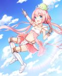  1girl ahoge arm_up armor boots brown_gloves clouds creature_on_head endro! full_body gloves highres kiku_(ks5832) knee_boots long_hair miniskirt navel pauldrons pink_hair pointing red_skirt skirt sky solo twintails yuria_shardet 