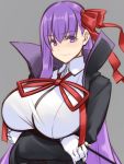  1girl bangs bb_(fate)_(all) bb_(fate/extra_ccc) black_coat blush breasts closed_mouth coat crossed_arms fate/extra fate/extra_ccc fate_(series) gloves grey_background hair_between_eyes hair_ribbon hayama_kazusa high_collar highres huge_breasts large_breasts long_hair long_sleeves looking_at_viewer neck_ribbon open_clothes open_coat popped_collar purple_hair red_ribbon ribbon simple_background smile solo upper_body very_long_hair violet_eyes wand white_gloves 