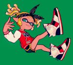  1girl aqua_eyes artist_name bandanna black_shorts blonde_hair buttons domino_mask fang full_body green_background inkling jacket long_sleeves looking_at_viewer mask ohil_(ohil822) pointy_ears shoes short_hair shorts simple_background smile sneakers solo splatoon splatoon_(series) splatoon_2 teeth tentacle_hair twintails 