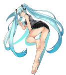  1girl aqua_hair ass bare_arms bare_legs bare_shoulders barefoot bent_over black_skirt breasts commentary_request eiji_(eiji) eyebrows_visible_through_hair from_behind grin hair_ornament hatsune_miku long_hair looking_at_viewer looking_back pleated_skirt simple_background skirt sleeveless small_breasts smile solo twintails very_long_hair vocaloid w white_background 