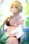  1girl :d absurdres ahoge artist_name ass bangs bare_shoulders bikini black_bikini blonde_hair blue_eyes blue_sky blurry blurry_background blush braid breasts clouds collarbone day eyebrows_visible_through_hair fate_(series) from_side hair_over_shoulder hair_tie highres jeanne_d&#039;arc_(fate)_(all) large_breasts light_particles long_hair long_sleeves looking_at_viewer ocean off_shoulder open_mouth outdoors palm_leaf railing recording shirt sideboob sidelocks single_braid sky smile solo swimsuit very_long_hair viewfinder watermark white_shirt wuli 