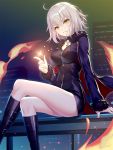  1girl ahoge bangs black_dress black_footwear blue_jacket blush boots breasts brown_eyes building commentary_request dress eyebrows_visible_through_hair fate/grand_order fate_(series) fingernails fire fur-trimmed_jacket fur-trimmed_sleeves fur_trim hair_between_eyes head_tilt highres jacket jeanne_d&#039;arc_(alter)_(fate) jeanne_d&#039;arc_(fate)_(all) jewelry knee_boots legs_crossed long_sleeves medium_breasts night night_sky open_clothes open_jacket outdoors parted_lips pendant ririko_(zhuoyandesailaer) silver_hair sitting sky skyscraper solo wicked_dragon_witch_ver._shinjuku_1999 