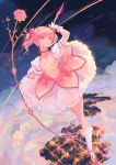  1girl bow_(weapon) bubble_skirt choker city_lights clouds gloves hair_ribbon kaname_madoka kneehighs koichame magical_girl mahou_shoujo_madoka_magica night night_sky pink_eyes pink_hair ribbon short_twintails skirt sky solo twintails two_side_up weapon white_gloves white_legwear 