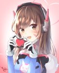  1girl :d absurdres animal_print artist_name bangs blue_bodysuit blush bodysuit bracer breasts brown_eyes brown_hair bunny_print d.va_(overwatch) eyebrows_visible_through_hair eyelashes facepaint facial_mark headphones heart heart_hands high_collar highres lips long_hair looking_at_viewer open_mouth overwatch pauldrons pilot_suit ribbed_bodysuit shoulder_pads signature skin_tight smile solo swept_bangs turtleneck upper_body whisker_markings yeoru 