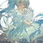  1girl 39 aqua_eyes aqua_hair beads blush bouquet commentary dated dress flower from_side hatsune_miku head_out_of_frame highres holding holding_bouquet light_smile long_hair looking_at_viewer mikka620 ribbon solo twintails upper_body very_long_hair vocaloid white_flower 