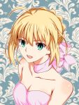  1girl :d ahoge artoria_pendragon_(all) blonde_hair bow breasts choker cleavage collarbone dress eyebrows_visible_through_hair fate/stay_night fate_(series) green_eyes hair_between_eyes hair_bow highres open_mouth pink_bow pink_dress raidriar saber shiny shiny_hair shiny_skin short_hair sleeveless sleeveless_dress small_breasts smile solo striped striped_dress upper_body 