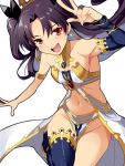  1girl bangs bare_shoulders black_bow black_hair black_sleeves bow breasts cleavage collar detached_collar detached_sleeves earrings eyebrows_visible_through_hair fate/grand_order fate_(series) hair_bow hakka_(88hk88) highres hoop_earrings ishtar_(fate/grand_order) jewelry long_hair long_sleeves navel open_mouth red_eyes simple_background single_detached_sleeve single_thighhigh small_breasts smile solo thigh-highs tiara two_side_up very_long_hair white_background 