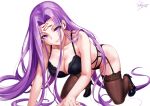  1girl all_fours artist_name bare_shoulders black_bra black_footwear black_panties blush bra breasts closed_mouth collarbone eyelashes facial_mark fate/stay_night fate_(series) forehead_mark garter_belt garter_straps high_heels highres large_breasts long_hair looking_at_viewer panties purple_hair rider sakiyamama signature simple_background smile solo thigh-highs underwear very_long_hair white_background 