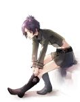  1girl akirakarin boots breasts chrome_dokuro commentary_request eyepatch katekyo_hitman_reborn looking_at_viewer midriff purple_hair shiratama_akari short_hair simple_background skirt solo violet_eyes white_background 