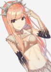  1girl bangs blush breasts brown_eyes cleavage_cutout closed_mouth crop_top elbow_gloves fate/grand_order fate_(series) gloves long_hair looking_at_viewer medb_(fate)_(all) medb_(fate/grand_order) navel pink_hair simple_background skirt small_breasts smile solo sterilizedgauze-qhx swept_bangs tiara white_gloves white_skirt 