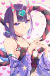  1girl akapug621 bangs blunt_bangs breasts choker earrings eyebrows_visible_through_hair fate/grand_order fate_(series) frilled_sleeves frills hair_ornament hands_together heart heart_hair_ornament horns interlocked_fingers jewelry long_sleeves looking_at_viewer pointy_ears print_sleeves purple_hair rock short_hair shuten_douji_(halloween_caster)_(fate) sideboob small_breasts smile solo star star_print upper_body violet_eyes 