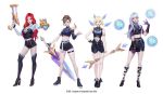  4girls alternate_costume artist_request blonde_hair breasts brown_hair dual_wielding gun handgun holding k/da_(league_of_legends) large_breasts league_of_legends luxanna_crownguard medium_breasts midriff multiple_girls pistol redhead riven_(league_of_legends) sarah_fortune sword syndra tagme wand weapon white_hair 