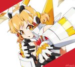  1girl bare_shoulders bodysuit brown_eyes brown_hair dutch_angle gloves hakuu_kanaka headgear open_mouth orange_eyes orange_hair senki_zesshou_symphogear short_hair solo tachibana_hibiki_(symphogear) twitter_username 