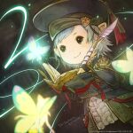  1boy 3others artist_name book copyright eos_(ff14) fairy final_fantasy final_fantasy_xiv gloves green_eyes grey_hair hat highres holding holding_book lalafell looking_at_another multiple_others official_art quill robe scholar_(final_fantasy) selene_(ff14) smile 