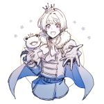  1boy cape crown fur_trim idolmaster idolmaster_side-m looking_at_viewer male_focus outstretched_hand pierre_(idolmaster) ponzu_(beetle_burner) simple_background smile stuffed_animal stuffed_frog stuffed_toy upper_body violet_eyes white_background 