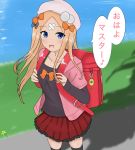  1girl :d abigail_williams_(fate/grand_order) alternate_costume atsumisu backpack bag bangs beret black_bow black_legwear black_shirt blue_eyes blush bow collarbone day eyebrows_visible_through_hair fate/grand_order fate_(series) flower hair_bow hat highres jacket long_hair long_sleeves looking_at_viewer open_clothes open_jacket open_mouth orange_bow outdoors parted_bangs pink_hat pink_jacket pleated_skirt polka_dot polka_dot_bow randoseru red_skirt shirt short_over_long_sleeves short_sleeves skindentation skirt smile solo standing thigh-highs very_long_hair yellow_flower 