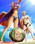  1boy 1girl abs absurdres adapted_costume android bangs baseball_bat bikini blonde_hair blue_eyes blunt_bangs breasts capcom clouds commentary dark_skin eyebrows_visible_through_hair food fruit hair_over_eyes hammer headgear highres holding holding_baseball_bat holding_hammer layer long_hair male_swimwear mgx0 mole open_mouth patreon_username purple_hair robot_ears rockman rockman_x sky smile summer sunlight swim_briefs swimsuit swimwear under_boob very_long_hair watermelon zero_(rockman) 