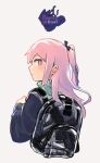  1girl ar-15 backpack bag blue_eyes commentary_request from_behind girls_frontline gun hair_ornament jacket long_hair long_sleeves looking_back one_side_up pink_hair rifle see-through sidelocks solo st_ar-15_(girls_frontline) sweatdrop upper_body vento weapon 