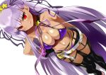  1girl bb_(fate)_(all) bb_(swimsuit_mooncancer)_(fate) bikini black_garter_belt black_gloves black_legwear blush breasts commentary_request fate/grand_order fate_(series) gloves gyaru hair_ornament hairband large_breasts long_hair looking_at_viewer navel purple_bikini purple_hair red_eyes shimejinameko shiny shiny_hair shiny_skin simple_background smile solo standing star star_hair_ornament studded_garter_belt swimsuit tan thigh-highs white_background 