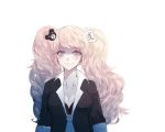  1girl bear_hair_ornament blonde_hair blue_eyes blush bow breasts cleavage commentary_request dangan_ronpa dangan_ronpa_1 enoshima_junko hair_ornament large_breasts long_hair looking_at_viewer necktie pink_hair school_uniform simple_background sleeves_rolled_up smile solo suzukal twintails upper_body white_background 