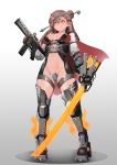  1girl blush breasts brown_hair cape crotch_plate energy_sword fang_out full_body gloves groin gun hair_between_eyes highres holding holding_gun holding_sword holding_weapon ihobus large_breasts long_hair medium_breasts navel orange_eyes original revealing_clothes smile solo standing sword weapon 