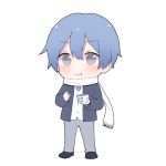  1boy :t blazer blue_eyes blue_hair blue_neckwear blush chibi eating food full_body grey_pants holding holding_food ice_cream ice_cream_spoon jacket kaito long_sleeves lowres male_focus mimengfeixue necktie pants scarf school_uniform shirt shoes solo spoon standing vocaloid white_scarf white_shirt 