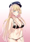  1girl alternate_costume arm_behind_back azur_lane bangs bare_shoulders bikini black_bikini black_hat blonde_hair blue_eyes blush braid breasts collarbone commentary_request contrapposto eyebrows_visible_through_hair gradient gradient_background groin hat highres kongou_(azur_lane) large_breasts lips long_hair looking_at_viewer midriff military_hat navel peaked_cap schreibe_shura sidelocks smile solo standing stomach swimsuit thighs twin_braids very_long_hair 