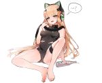  1girl anal_tail animal_ears bangs bare_arms bare_legs bare_shoulders barefoot black_leotard blush bottle breasts cat_ear_headphones cat_ears character_name dokomon eyebrows_visible_through_hair fake_tail fingernails girls_frontline green_eyes green_nails hair_between_eyes hand_up head_tilt headphones highres knee_up leotard light_brown_hair long_hair medium_breasts nail_polish parted_lips simple_background skindentation solo spread_legs tail thigh_strap tmp_(girls_frontline) tongue tongue_out torn_clothes torn_leotard very_long_hair white_background 