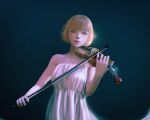  1girl bangs bare_shoulders blonde_hair blue_background dark_background dress eyelashes highres imayl_(i_mayl) instrument lips music nail original playing_instrument realistic short_hair simple_background solo strapless strapless_dress upper_body violin violin_bow white_dress yellow_eyes 