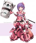  :d alice_gear_aegis bangs bike_shorts black_shorts blush character_name commentary_request dress eyebrows_visible_through_hair full_body gloves hair_ornament hammer head_tilt highres holding holding_hammer karukan_(monjya) looking_at_viewer mecha_musume open_mouth pink_background pink_dress pink_eyes purple_hair round_teeth short_dress short_shorts shorts smile standing teeth two-tone_background upper_teeth vambraces white_background white_gloves 