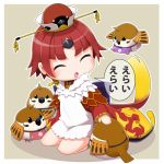  1girl ^_^ animal apron bangs benienma_(fate/grand_order) bird chibi closed_eyes closed_eyes eyebrows_visible_through_hair fate/grand_order fate_(series) full_body hat hinotama_(hinotama422) japanese_clothes long_sleeves no_nose open_mouth outline redhead short_hair sitting sparrow speech_bubble wariza white_apron white_outline wide_sleeves 