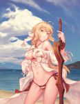  1girl aestus_estus ahoge beach bigrbear bikini bird closed_mouth clouds cloudy_sky commentary_request criss-cross_halter eyebrows_visible_through_hair fate/grand_order fate_(series) feet_out_of_frame green_eyes hair_between_eyes hair_intakes hair_ribbon halter_top halterneck highres navel nero_claudius_(fate) nero_claudius_(fate)_(all) nero_claudius_(swimsuit_caster)_(fate) ocean outdoors red_bikini ribbon seagull side-tie_bikini sky solo striped striped_bikini swimsuit 