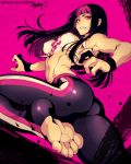  1girl alternate_costume alternate_hairstyle ass breasts evil_smile feet fighting_stance fishine han_juri leg_up long_hair looking_at_viewer medium_breasts multicolored_hair nail_polish navel no_shoes pink_background pink_nails sideboob smile soles solo stomach street_fighter street_fighter_v toeless_legwear toenail_polish toes toned two-tone_hair violet_eyes 