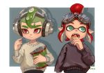  1boy 1girl aqua_eyes artist_name bag_of_chips black_sweater chips closed_mouth domino_mask fangs food goggles goggles_on_head green_hair hair_bun hand_up headphones inkling long_sleeves mask mohawk octarian octoling ohil_(ohil822) open_mouth pointy_ears red_eyes redhead short_hair splatoon splatoon_(series) splatoon_2 suction_cups sweater teeth tentacle_hair upper_body white_sweater 