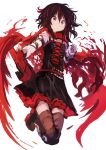  1girl absurdres belt black_belt black_skirt bob_cut cloak commentary_request cross-laced_clothes full_body grin hair_between_eyes highres holding kaamin_(mariarose753) legs_together looking_at_viewer loose_belt medium_hair red red_cloak ruby_rose rwby sideways_mouth simple_background skirt smile solo thigh-highs white_background 
